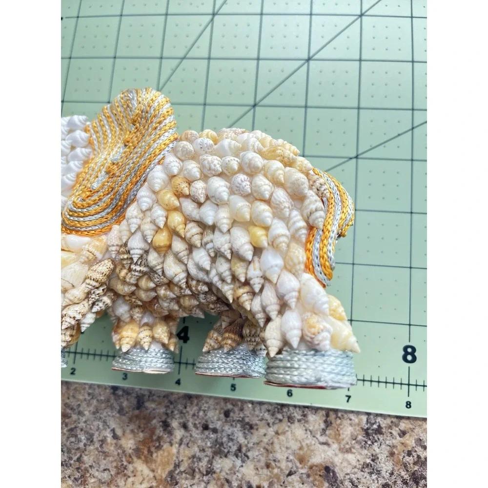 Mid-Century Boho Coastal Chic Seashell & Yarn‎ Handmade Elephant Figurine Luck